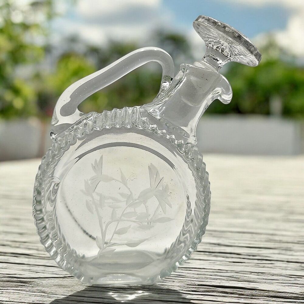 Vintage Etched Floral Glass Decanter Ornate Stopper Vanity Display Home Decor